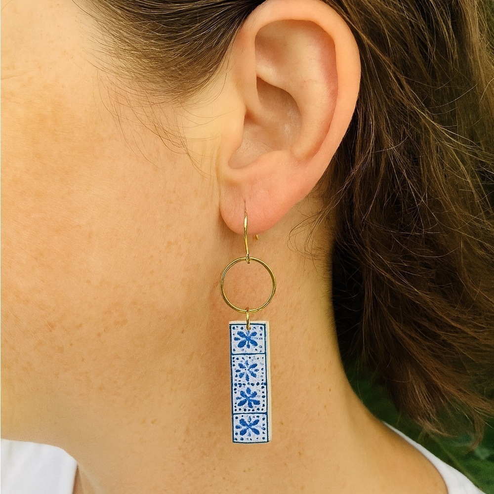 Blue Tile Bar Drop Earrings with Gold Hoops